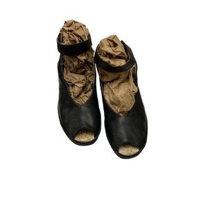 Fly London Black Womens Yala Perf Wedge Peep Toe Shoe w/Ankle Strap Size 38 (A1)